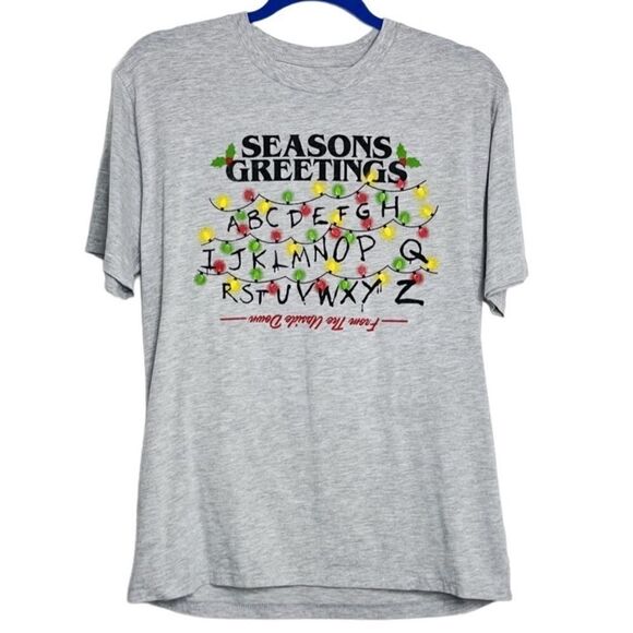 Stranger Things Season Greetings Short Sleeve Crew Graphic tee Grey Medium - Picture 1 of 4